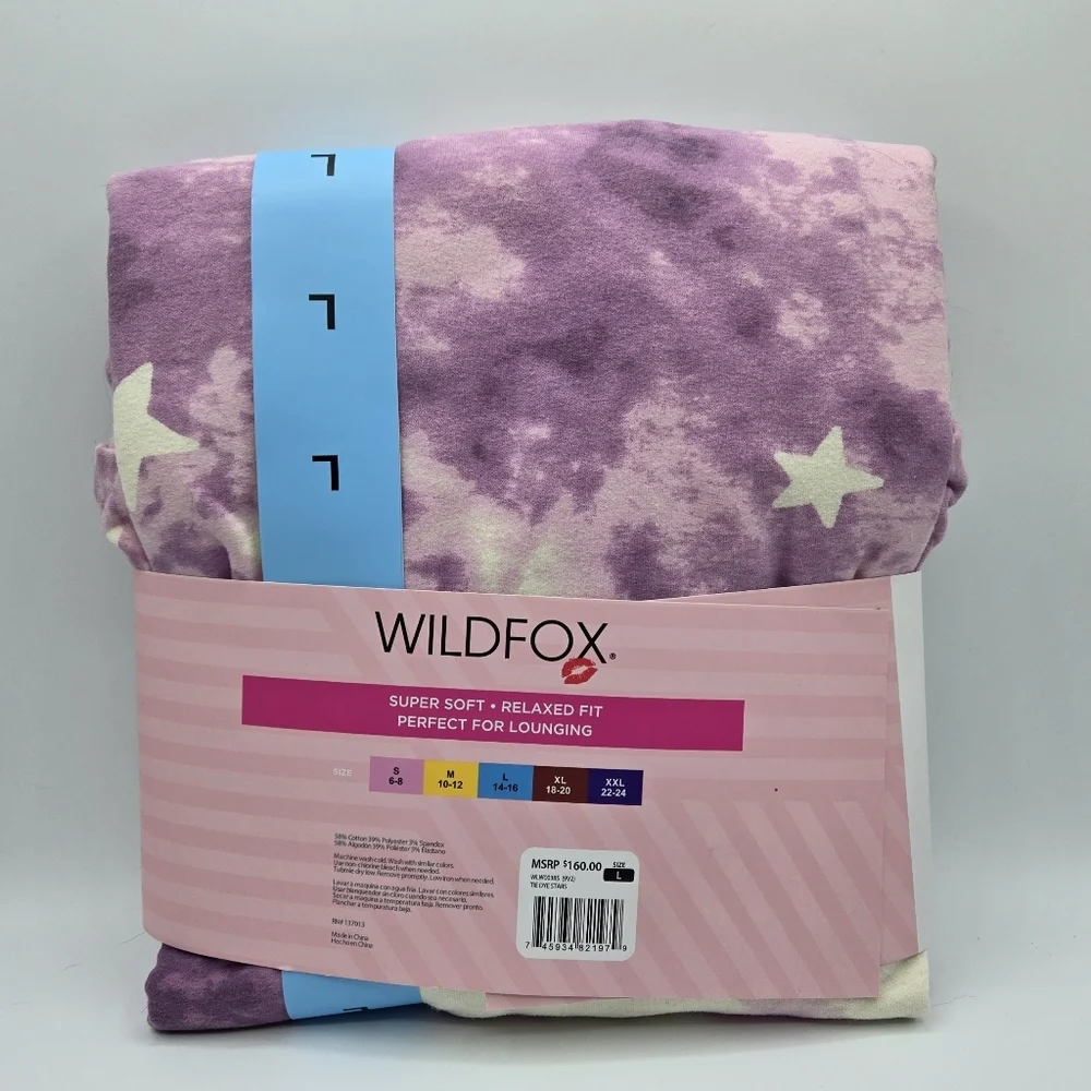 Wildfox Lounge Set Sweatshirt Shorts Tie Dye Stars Pajama PJ Purple Pink L